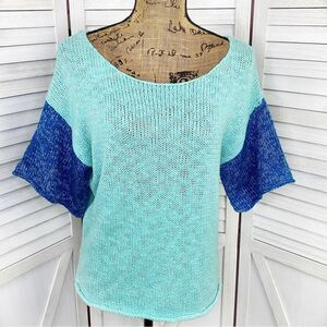 Julie Color Block Chunky Knit Sweater Green Blue Medium Large Short Sleeve